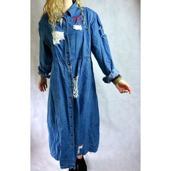 Vintage Jackets & Blazers - VINTAGE Long Maxi Denim Embroidery Rose Jacket